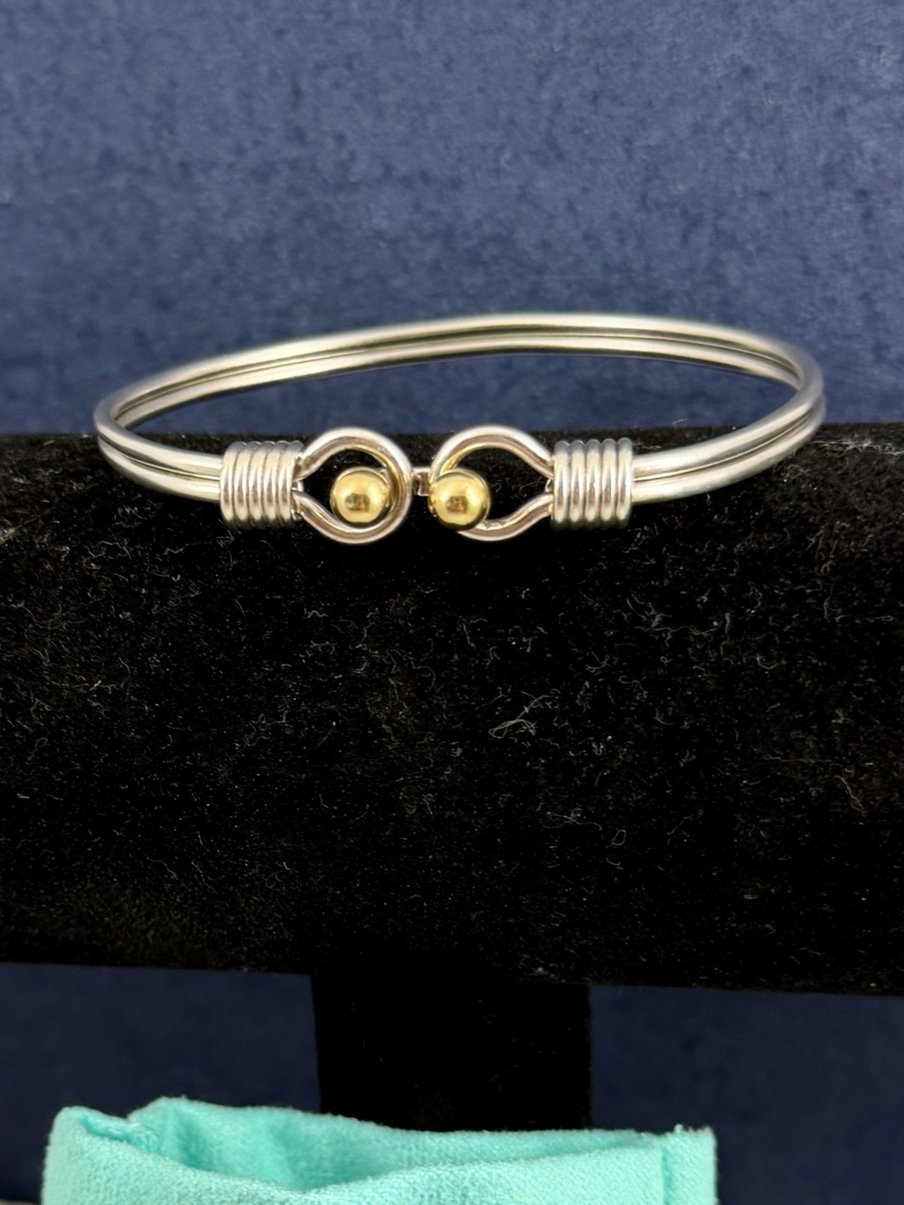 TIFFANY & CO Sterling Silver 18K Yellow Gold Double Hook Eye Bangle Bracelet COA